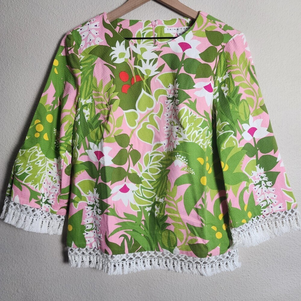 Trina Turk Blouse Womens 4 Multicolor Floral 3/4 Sleeve Crochet Fringe Tropical